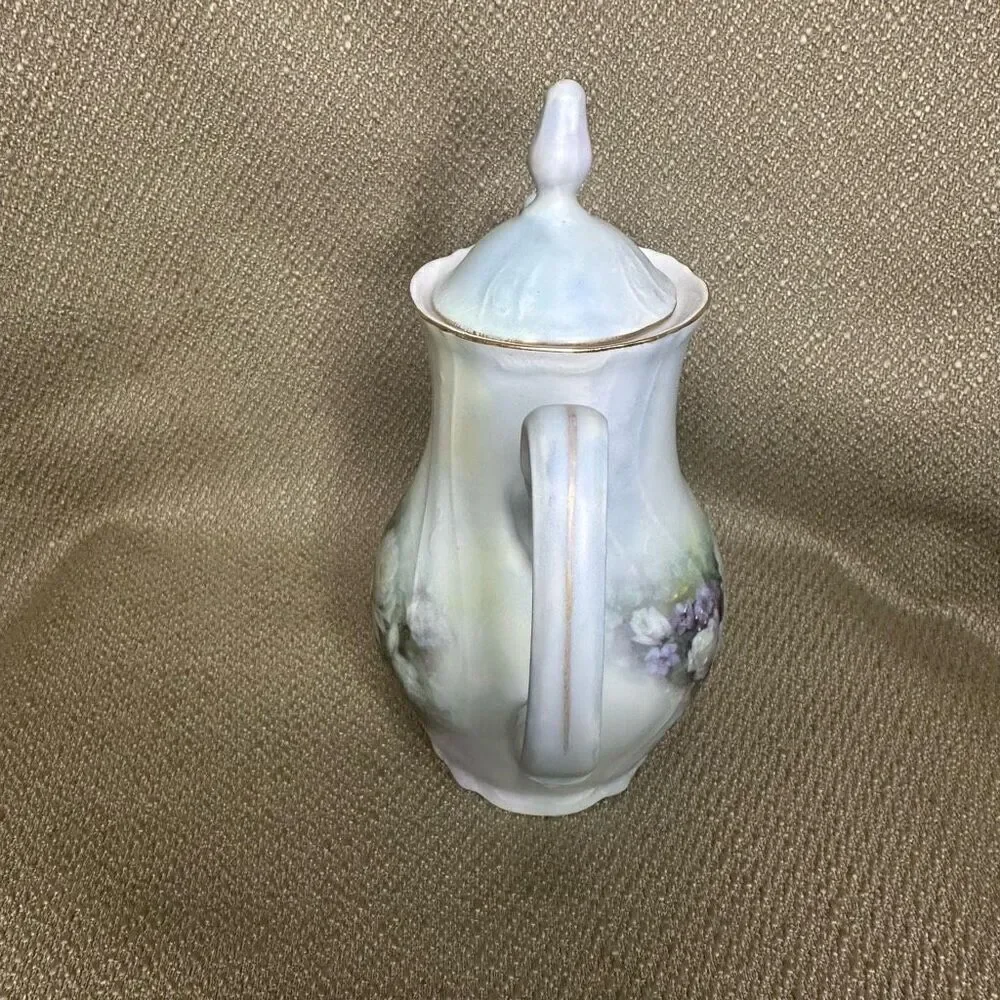 Vintage Bernadotte Porcelain Coffee Tea Pot Czech Republic Purple Roses 7.5”